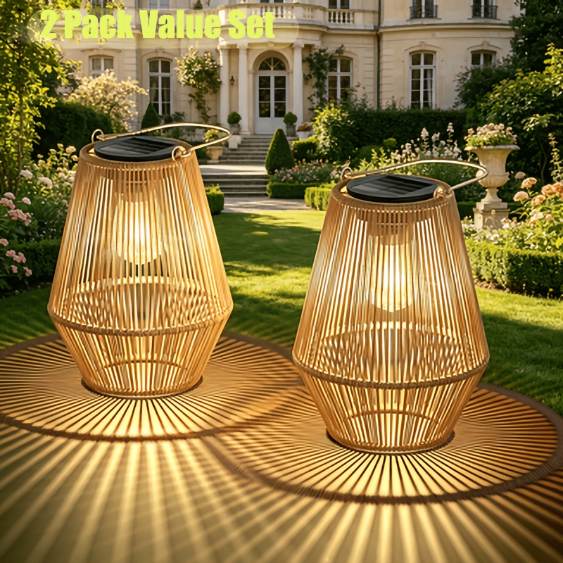 TEMU Juego de 1/2/4 farolillos solares de ratán bohemio, luces decorativas resistentes a para patios y patios de granja, farolillos solares colgantes