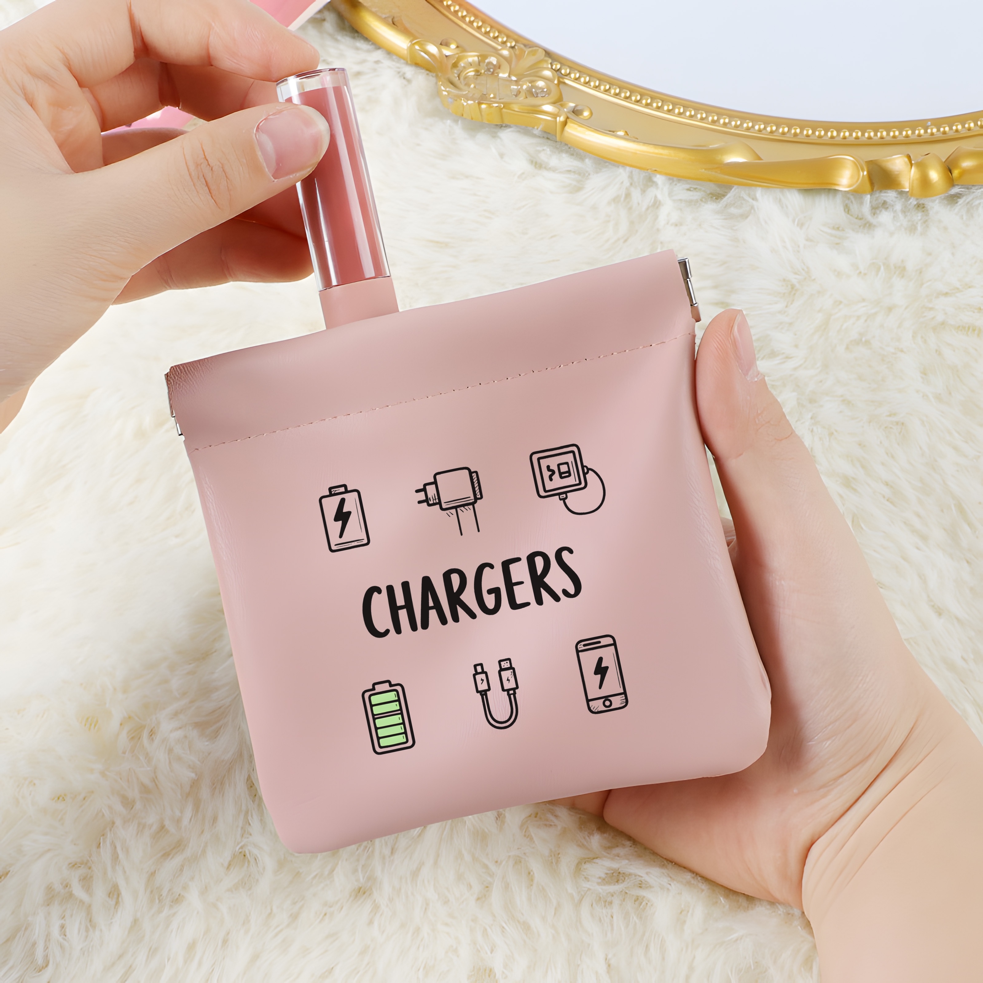 1 Portable Charger Print Storage Bag, Earphone Cable Organizer Pouch, High Quality Pu Automatic Snap Closure, Suitable For Power Banks, , And Keys, Business Travel Handbag, Gift For Or Teachers