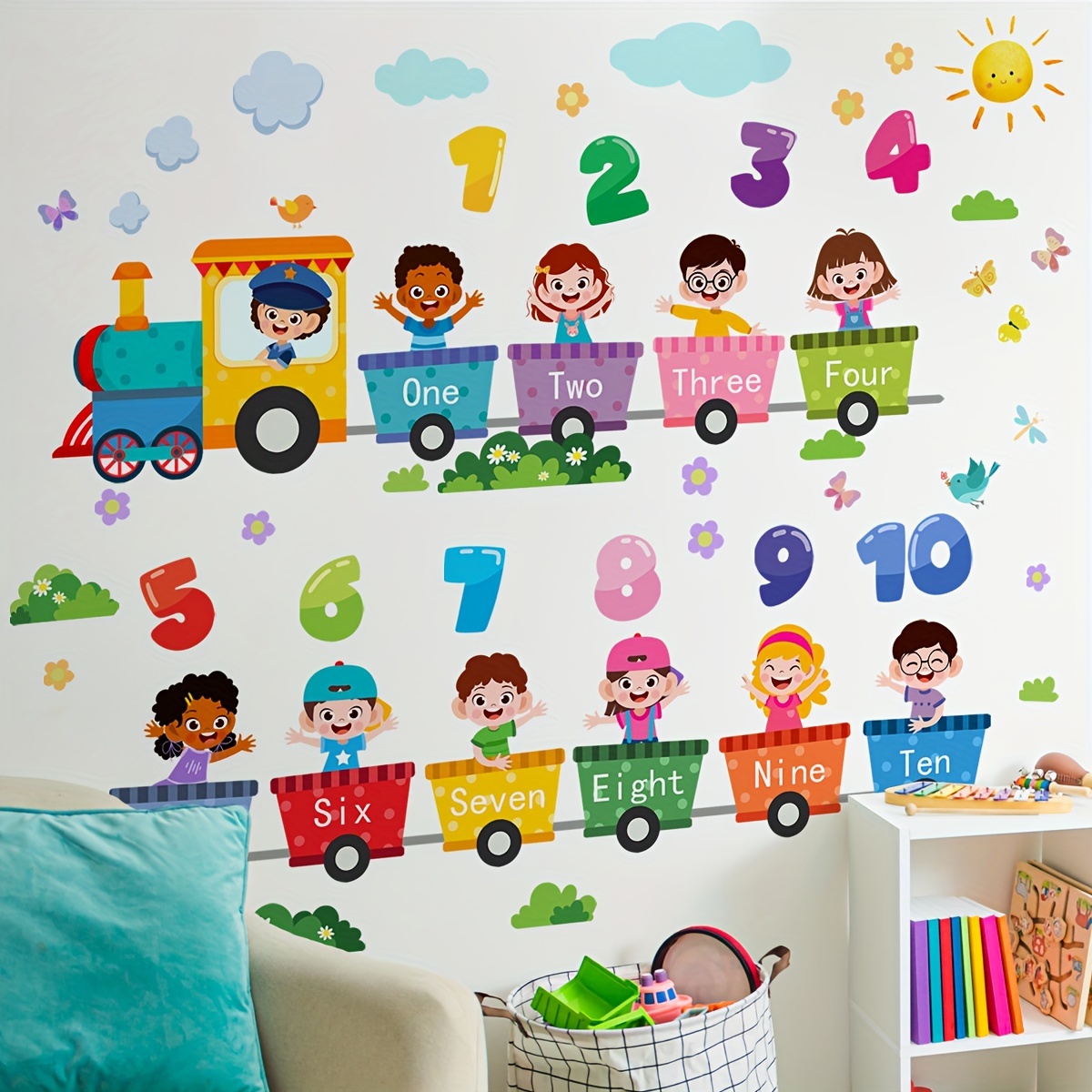 

1pc, Hand- Number & English Train Wall Sticker, 30x60cm, Pvc, Self-adhesive, Removable, , Irregular Shape, Matte , For Bedroom, Living Room Decor