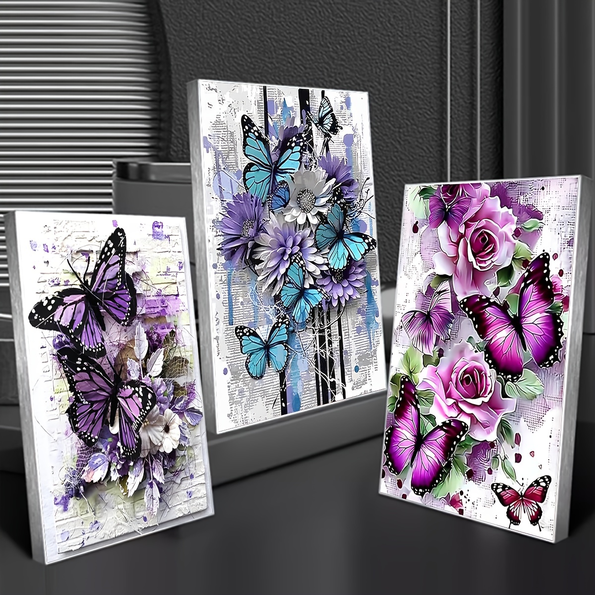 Image of 3pcs Diy Diamond Painting Kit - Vibrant & Floral Designs, Acrylic Round Diamonds, 15.75x11.81in, Home Decor Mosaic Craft Set, Home Decoration Crafts|vibrant Design|durable Acrylic Material, Decor