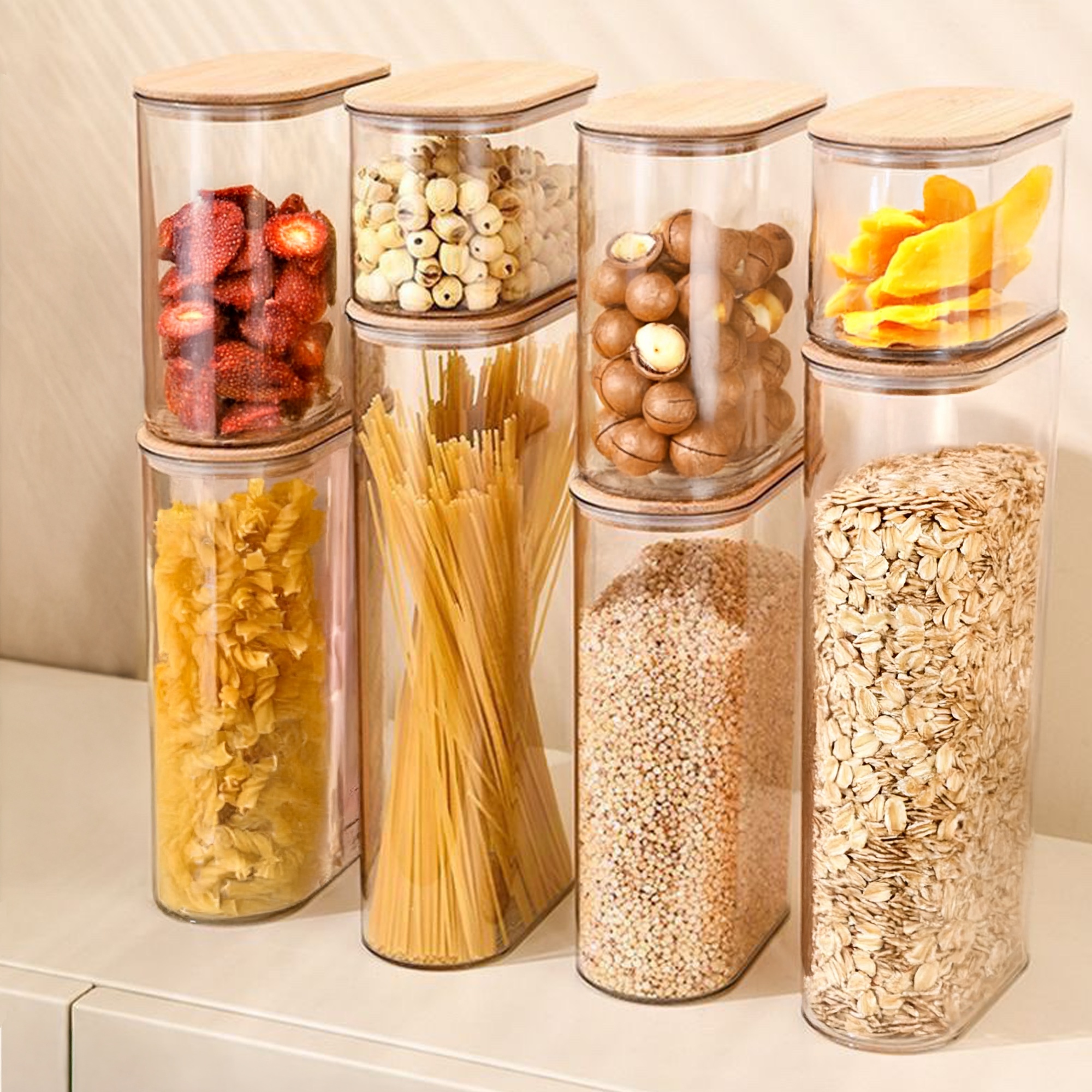 7pcs Plastic Food Box Wooden Lid Food Storage Box Food
