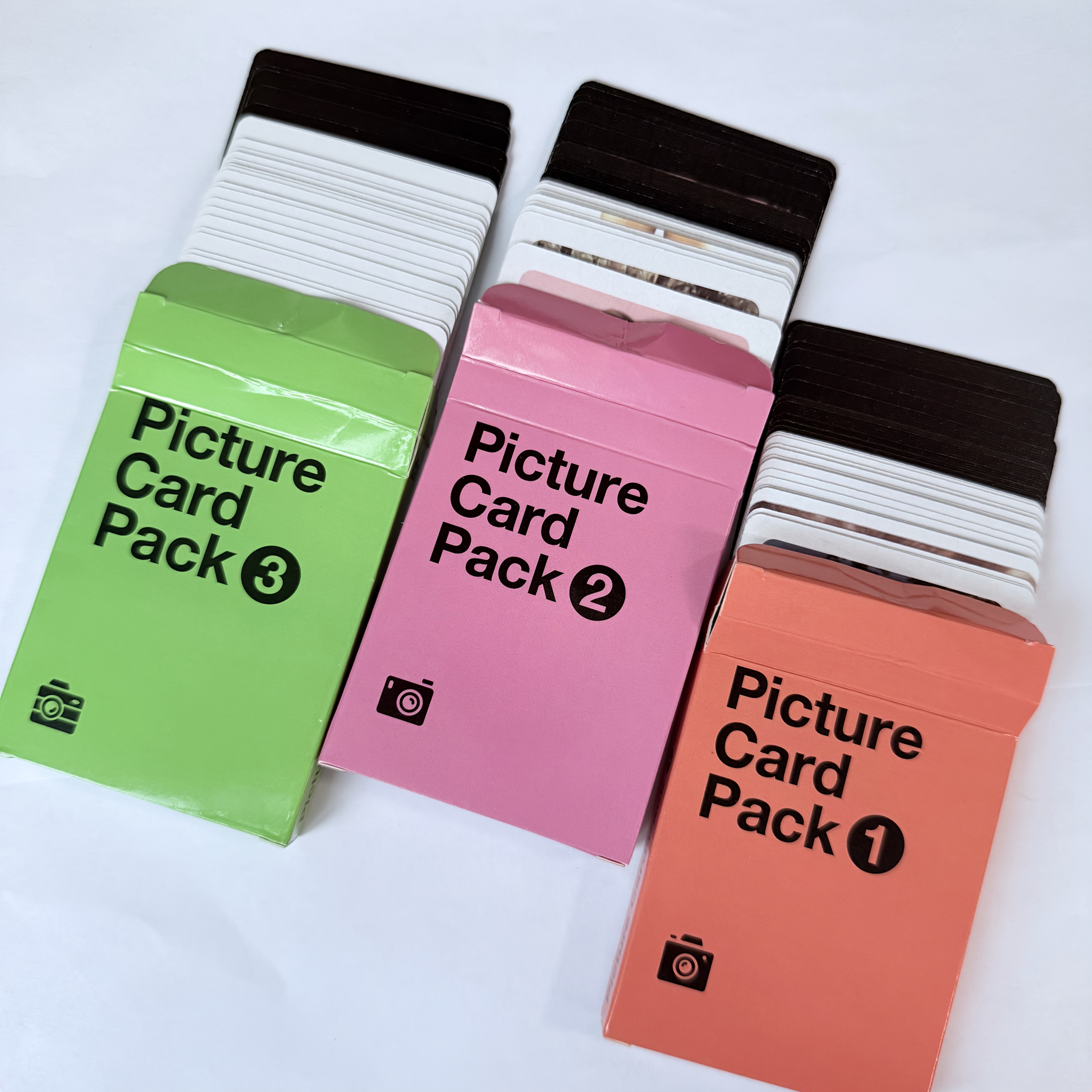 

3pcs Mini Picture Card Game Set - Compact Cardstock For Street & Tabletop Drinking Games, Ideal Party Accessory & Gift, Includes Green, Pink, And Orange Cards With Black Text