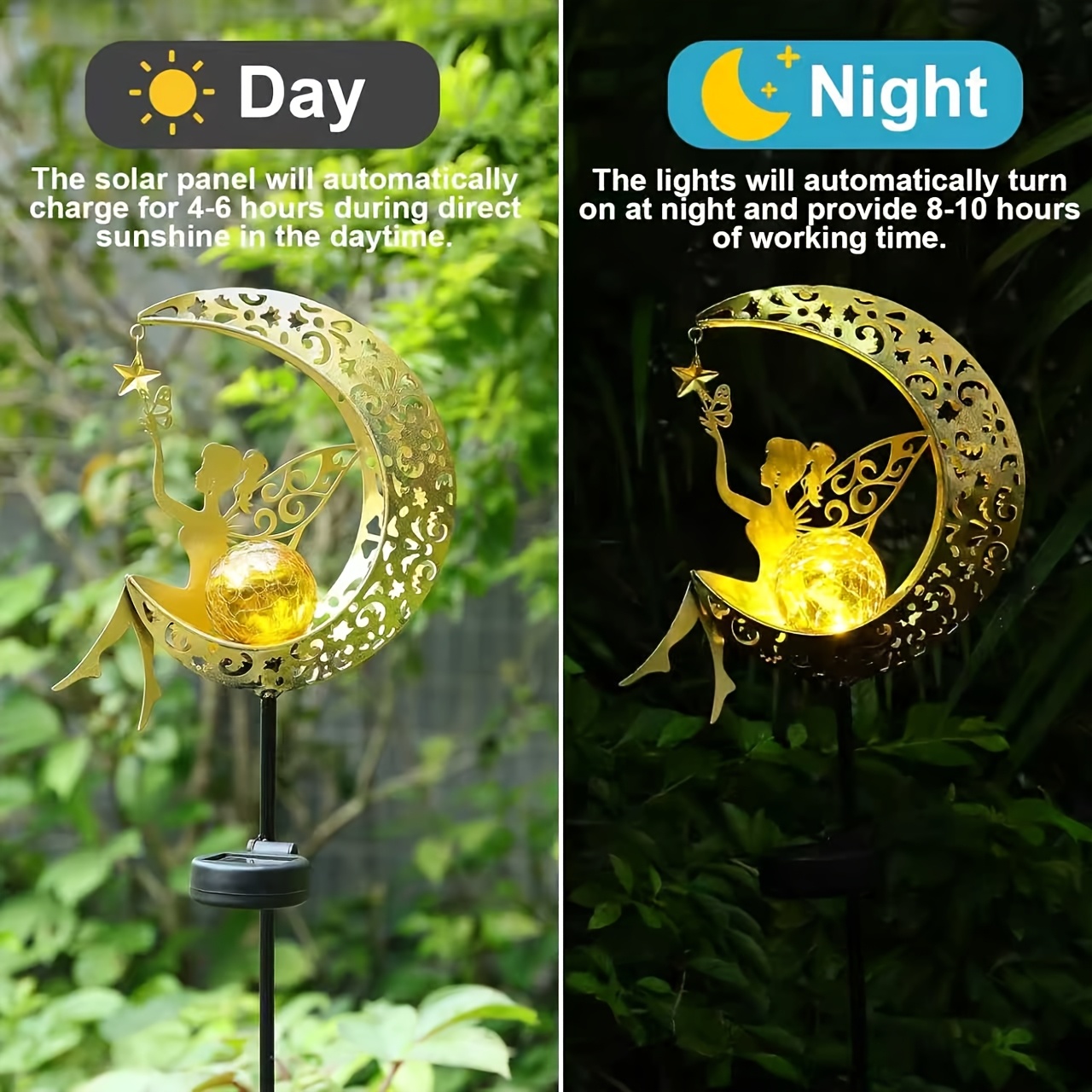 Image of Solar 'fairy Embracing Moon' Garden Stake Light - Metal Led Decor With Crackle Glass , Solar Powered For Yard, Patio & Flower Bed Decor 7 Decorative Holiday Uses