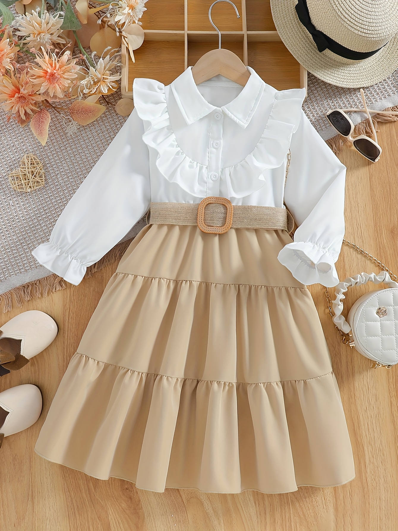 girls elegant lapel shirt dress woven belt - Temu