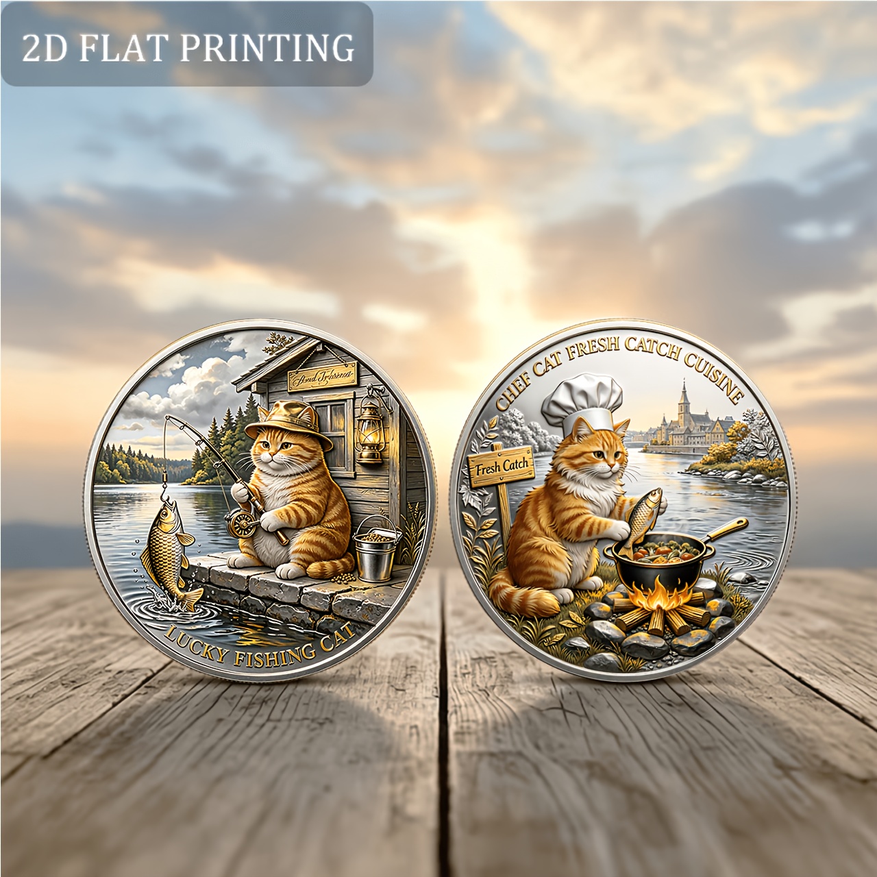 TEMU 1pc, 2d Fishing And Cooking Commemorative Coin Suitable For Cat Lovers/fishing Enthusiasts/desktop Decoration Ornaments/4cm/1.57inch Portable