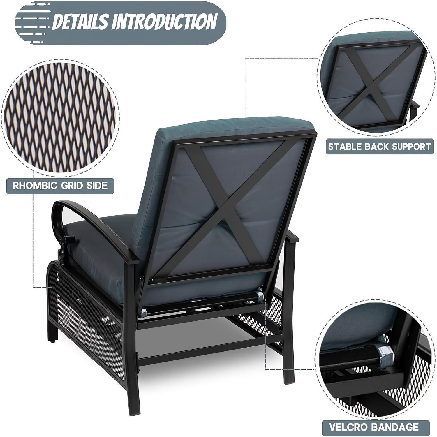 Patio Adjustable Lounge Chair, Waterproof Metal Chaise Longue With Blue Cushions, Perfect For Porch, Backyard, Pool Or Garden