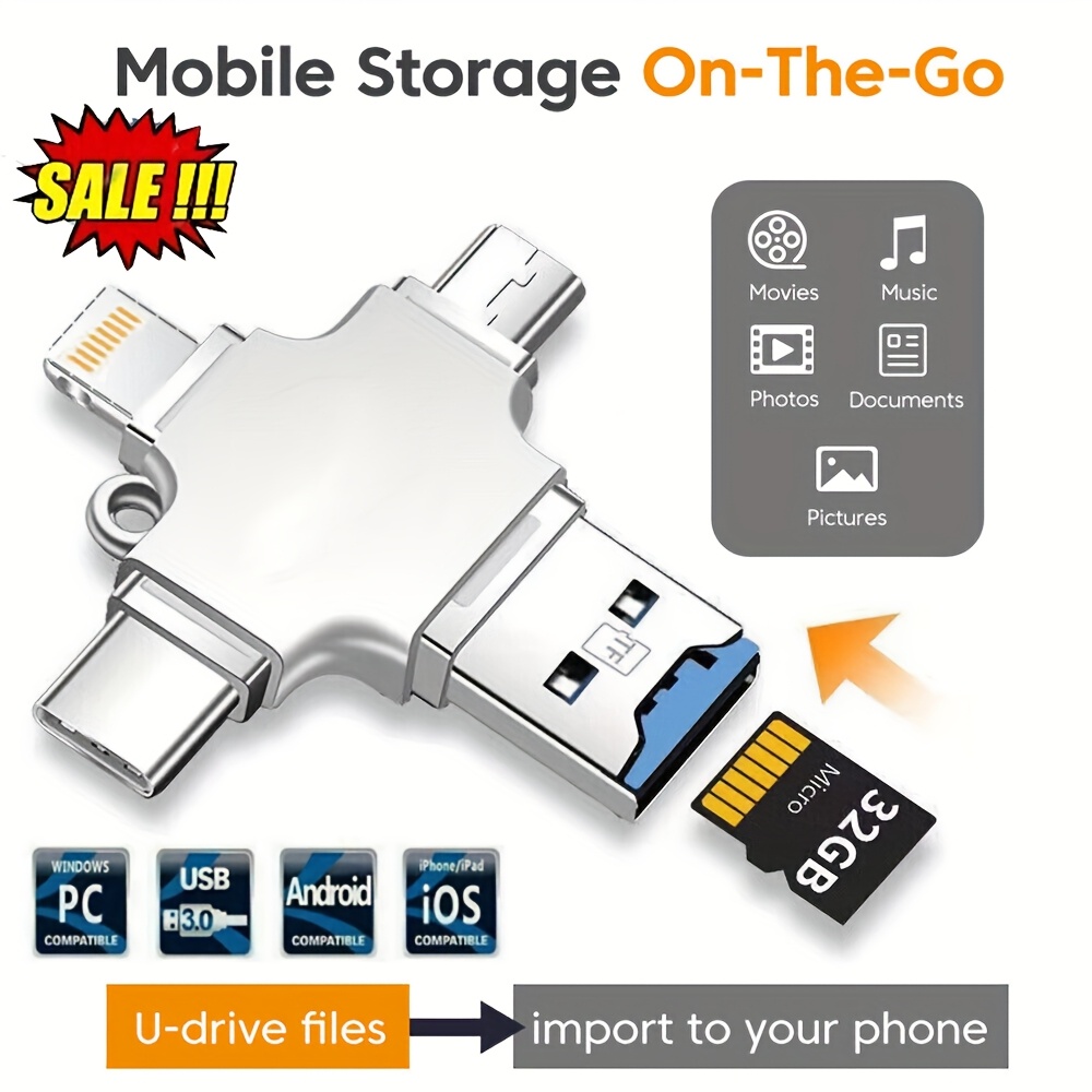 

4 In 1 Usb3.0 Tf Flash Drive Type Storage Otg Photo Stick Files Tf Card Reader For Iphone Ipad Phone/ Multifunctional Otg Adapter