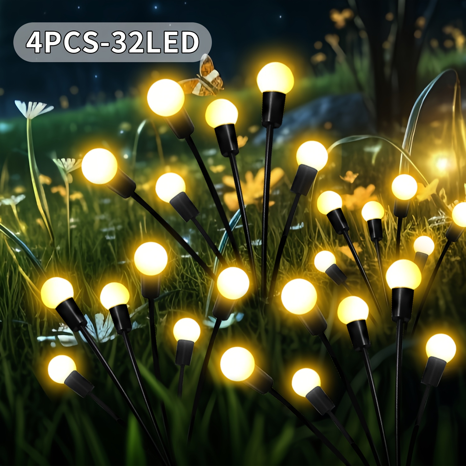 TEMU 4pcs, Solar Garden Lights With 32 Leds, Swaying With The Wind, Switchable Between 8 Flashing , Rating, Dancing , Can Decorate Parties, Courtyards, Lawns, , Christmas