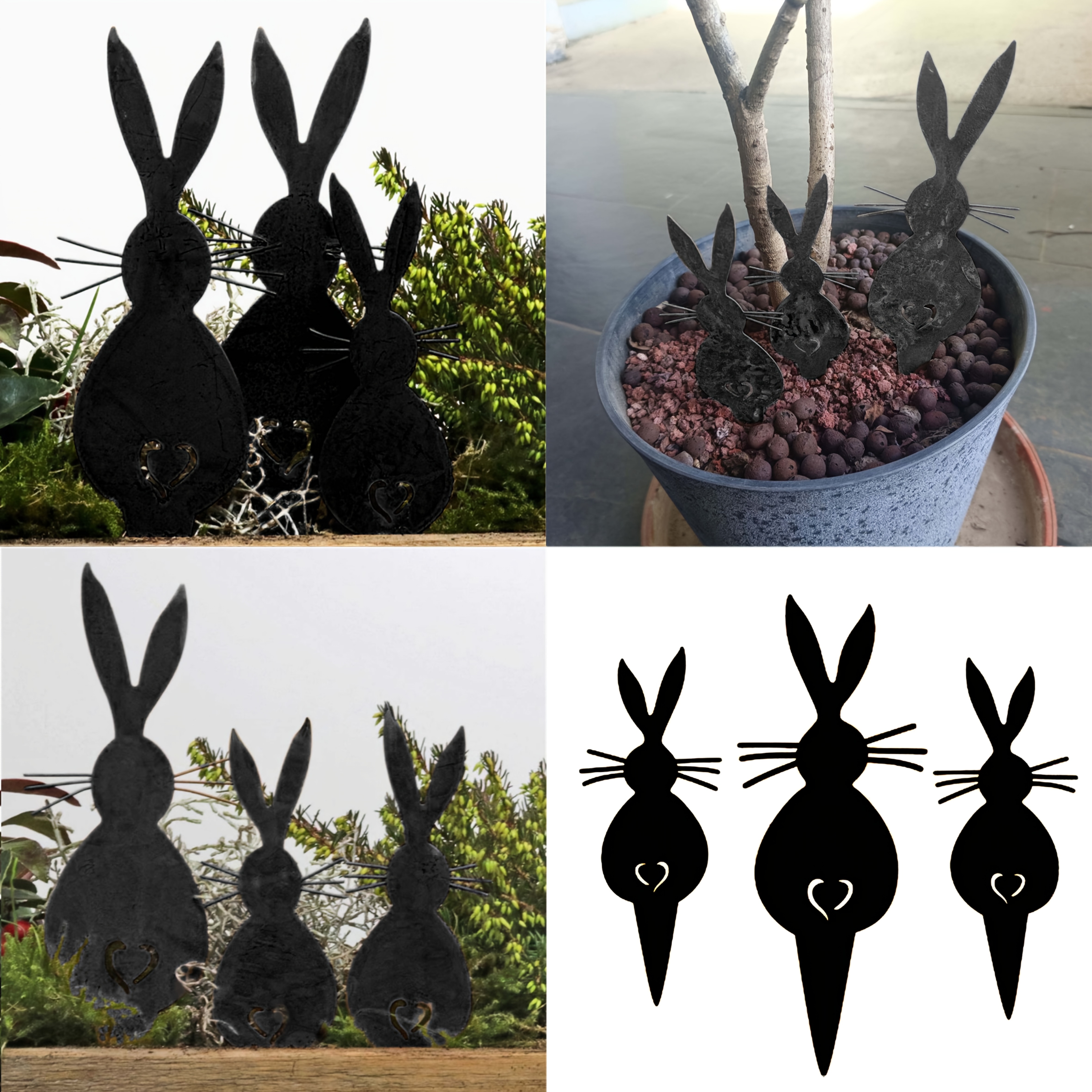 

3-pack Metal Rabbit Garden Stakes, Easter Outdoor Yard Art, Animal Themed Stake Mounting, No Electricity Or Feathers, Universal Holiday Decor