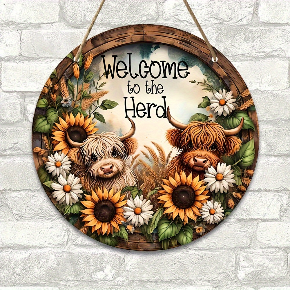 

Highland Cow Welcome Sign With Sunflowers - Round Manufactured Wood Wall Hanging Decor (7.9"x7.9") - Rustic Farmhouse Style Art For Home, Garden, Fence, Garage - No Electricity Or Feathers Required