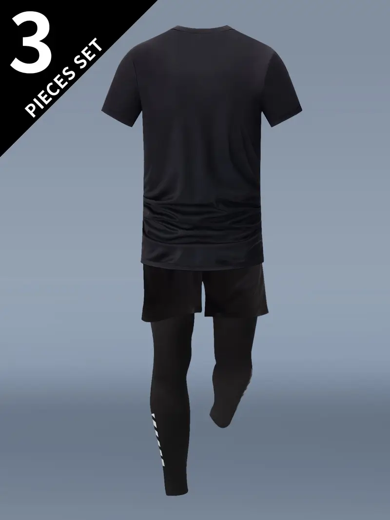 3pcs mens fitness set athletic shorts short sleeve shirt running jacket blue to black gradient stretchy polyester blend crew neck summer sportswear for running and training workout apparel gradient design knit construction gym clothe Product details 7