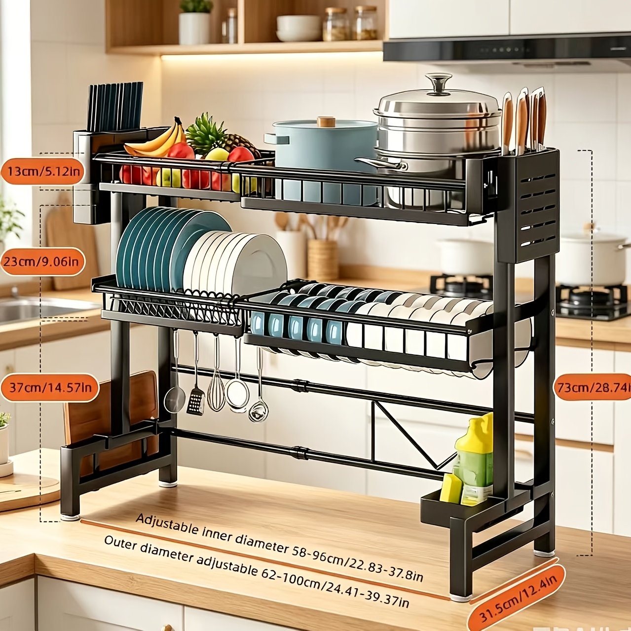 1pc Double-tier Stainless Steel Dish Drying Rack Over-the-sink Storage -saving Kitchen Organizer. Facilitates And Effortless Cleaning; Features An Extendable And Adjustable Design For .