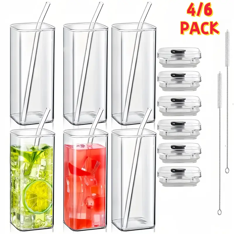 6pcs square glass cups with lids straws insulated reusable drinking glasses scratch resistant hand drawn for iced coffee cocktails office parties outdoor use perfect father s day christmas mother s day gift Product details 0