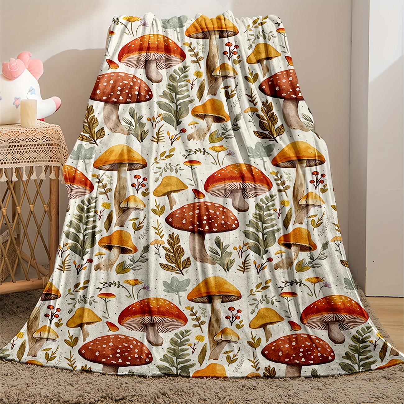 TEMU Cozy Mushroom Print Flannel Throw Blanket - Soft, Warm & For Bed, Sofa, And Camping | Polyester Fiber, Machine Washable, Flannel, Woven