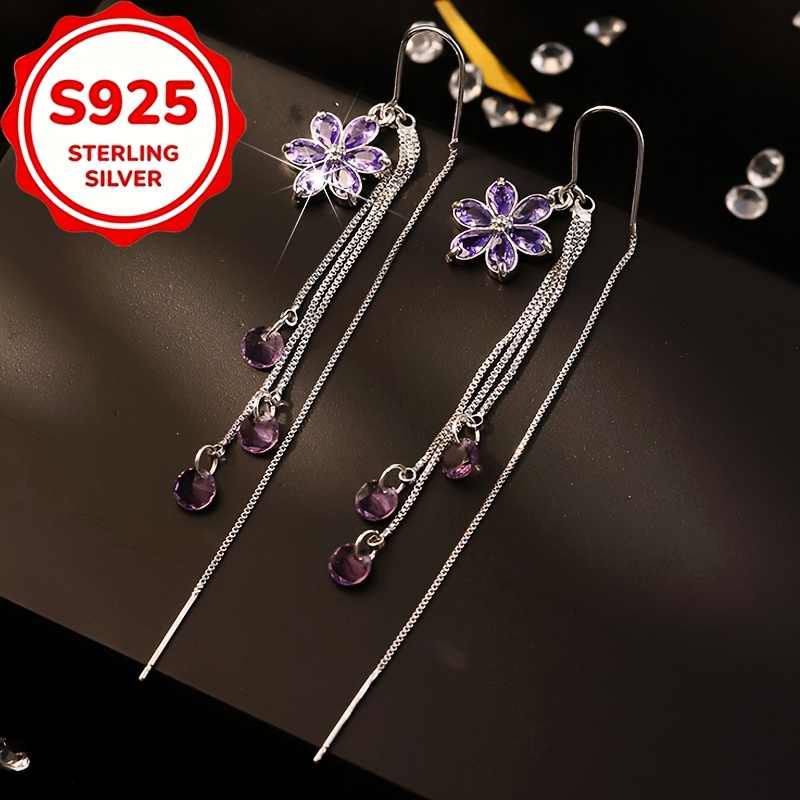 Women's S925 Silver Purple Flower Drop Earrings