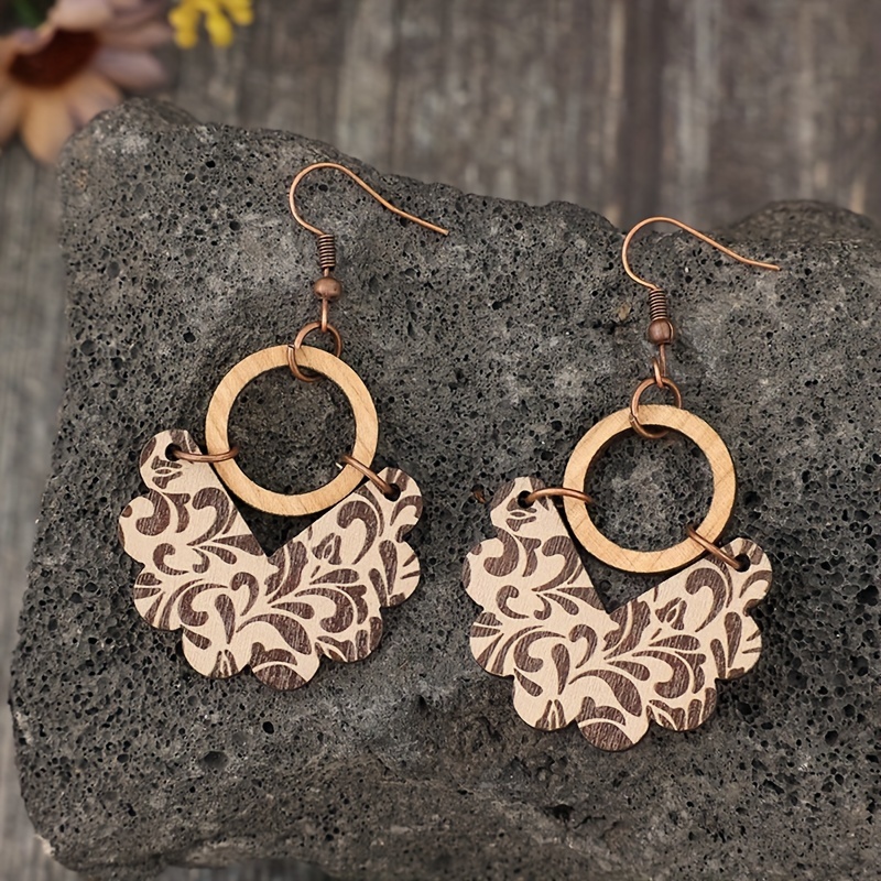 bohemian wooden printed hollow round ring earrings vintage Temu