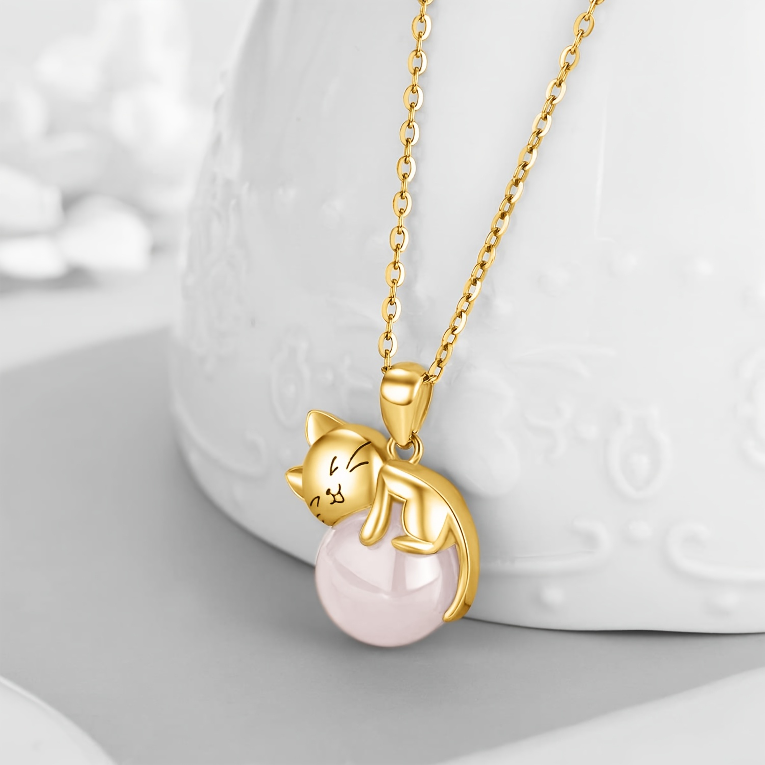 Women's Adjustable Chain Rose Gold Cat Necklace with 925 Sterling Silver