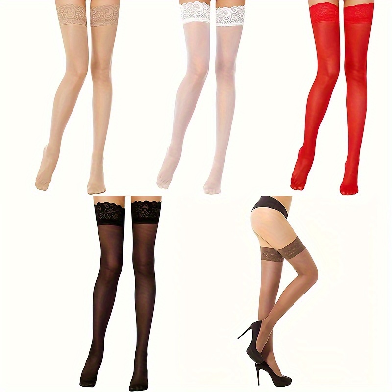 

5 Pairs Lace Top Thigh High Stockings, Hot Mesh Over The Knee Socks, Women's Stockings & Hosiery