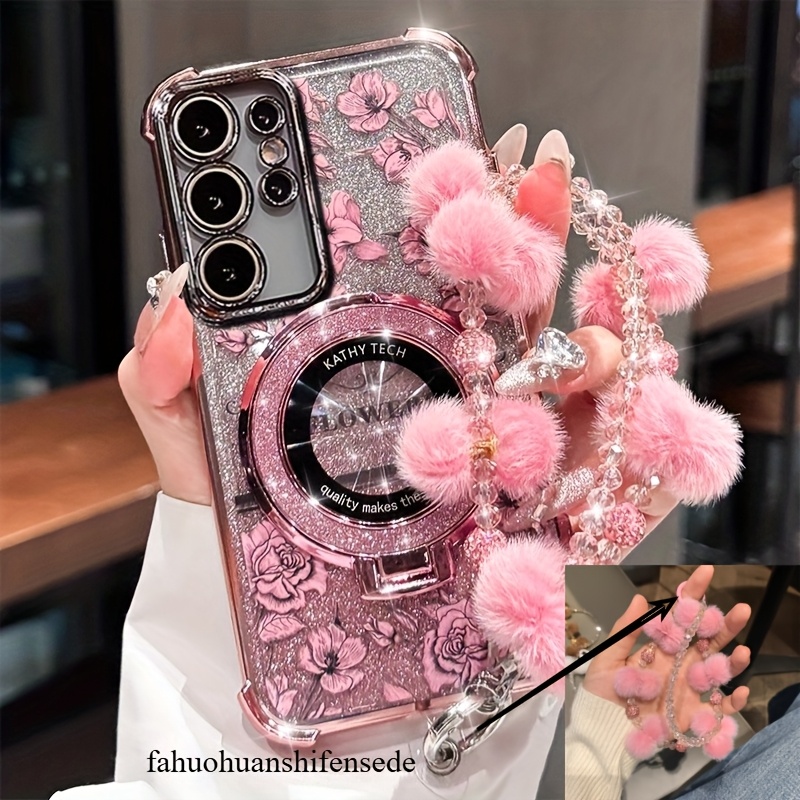 TEMU Coque de téléphone - Bracelet Pom-Pom Compatible S25 Coque de téléphone S24 Support Magnétique S23 Automne Hiver Floral S22 Coin Anti-Chute S25U