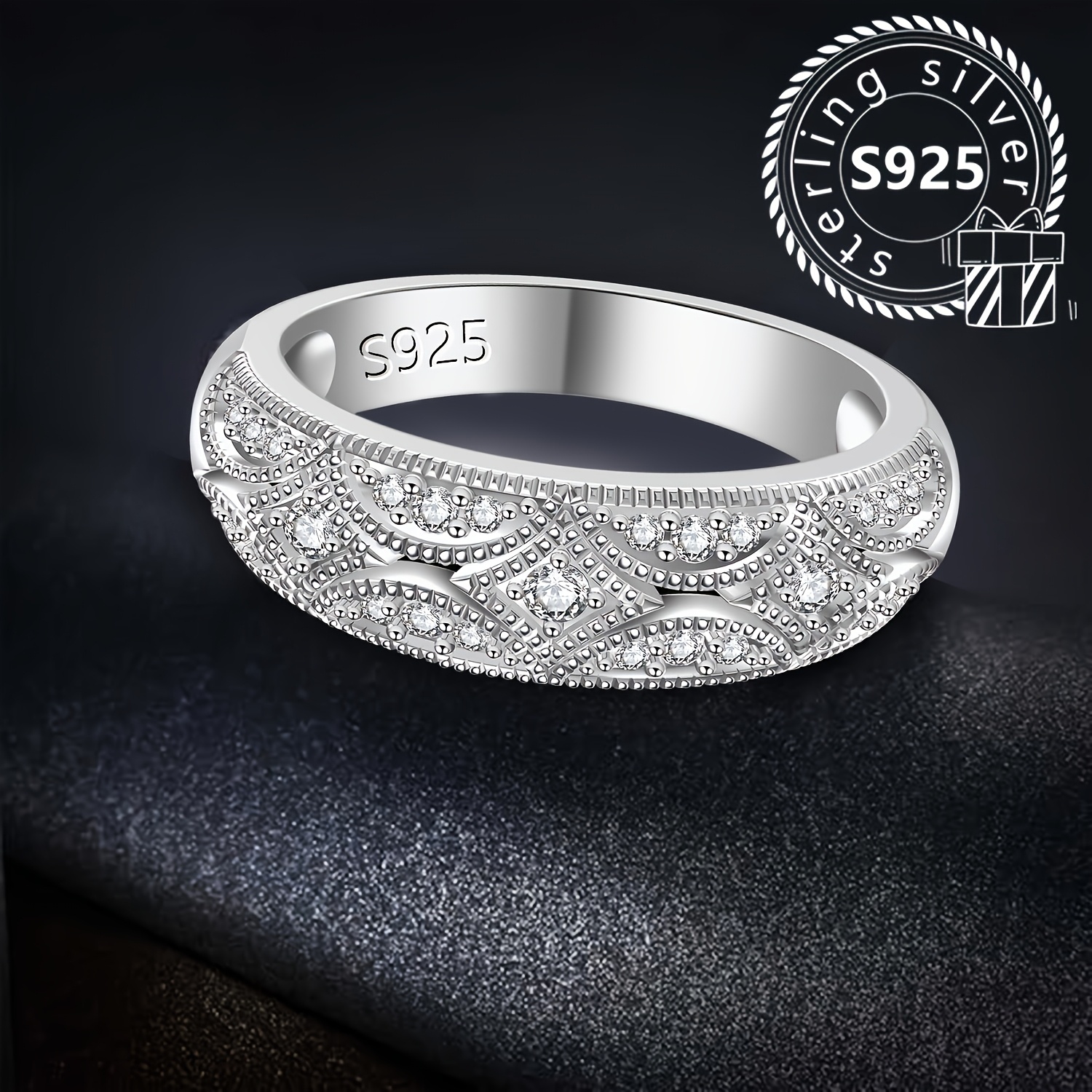 925 Silver Women's Ring with Cubic Zirconia Inlay Band