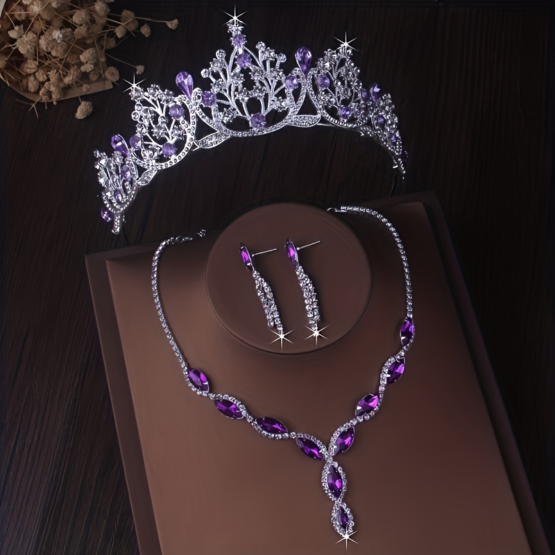 TEMU Bride Jewelry, Wedding Purple Rhinestone Set, Birthday Party, Banquet Stage Performance, Crown Wedding Dress, Crown Headwear, Necklace, Earring Set