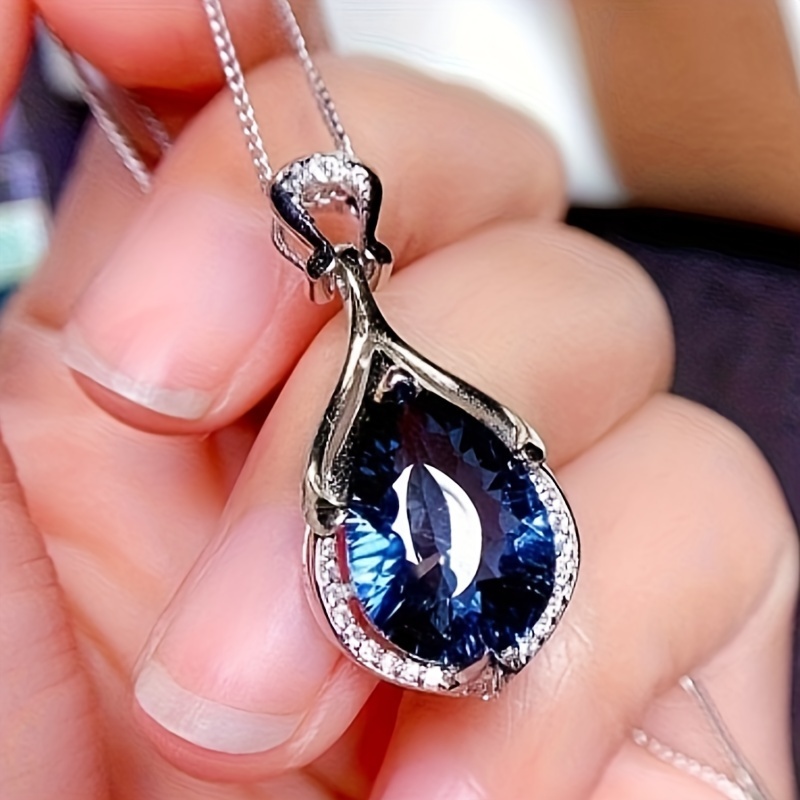 TEMU Elegant Minimalist Blue Synthetic Zirconia Pendant Necklace For Women, Party Vacation Casual Daily Accessory
