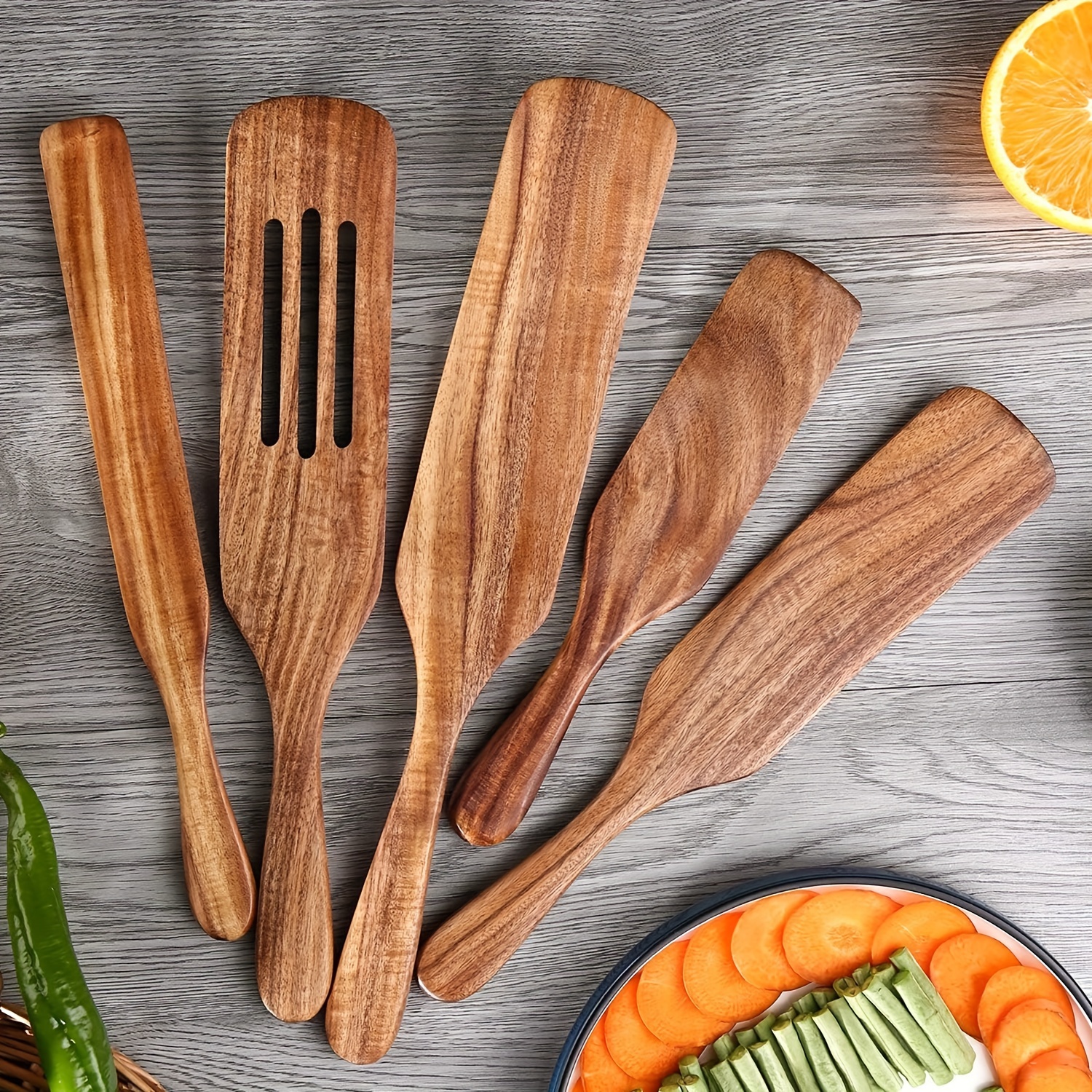 

5pcs, Cooking Utensils Set, Durable Acacia Wood Cooking Spoons, Non-stick Long Handle Kitchen Utensils, Salad Mixer & Cake Maker Tools, As Seen On Tv Wooden Spoons For Kitchen Use