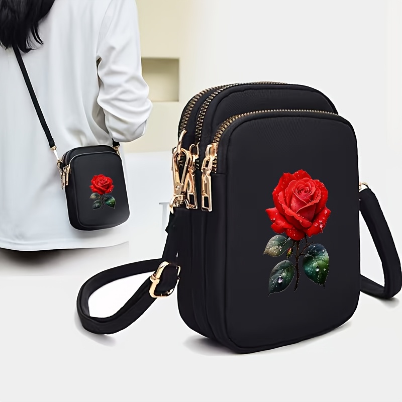 TEMU Bionic Rose Print Crossbody Bag, Multi-pocket Shoulder Bag And Phone Pouch, Multi-functional Coin Organizer With Headphone Jack, Suitable For A2