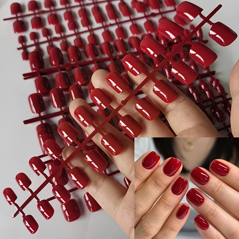 TEMU 50pcs Set (48 Wearable Armor Nails + 1 Buffing Stick + 1 Jelly Adhesive) - Burgundy Short Square Press-on Nails - Elegant, Skin, Classic Solid