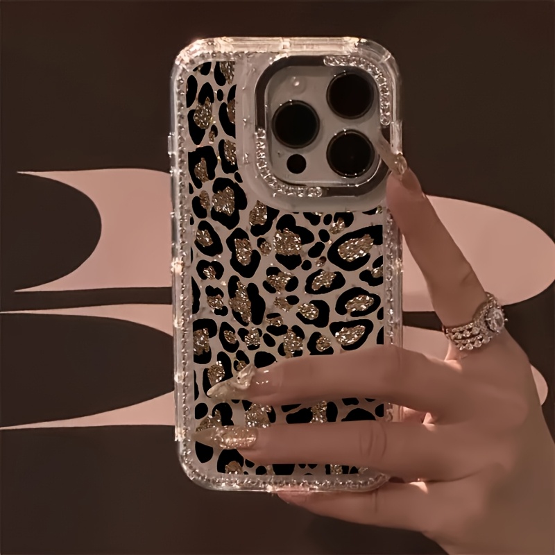 TEMU Phone Case - Luxurious Glitter Diamond Golden Shiny Leopard Print Pattern Phone Case, Comfortable Feel Case, Suitable For Iphone