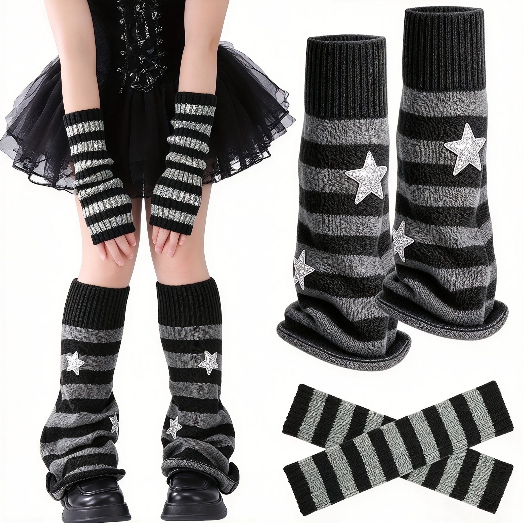 Image of 2pcs Set Star Striped Leg Warmers Striped Sleeves Retro Street Style Y2k Fashion Warm Suit Suitable For Women' Wear