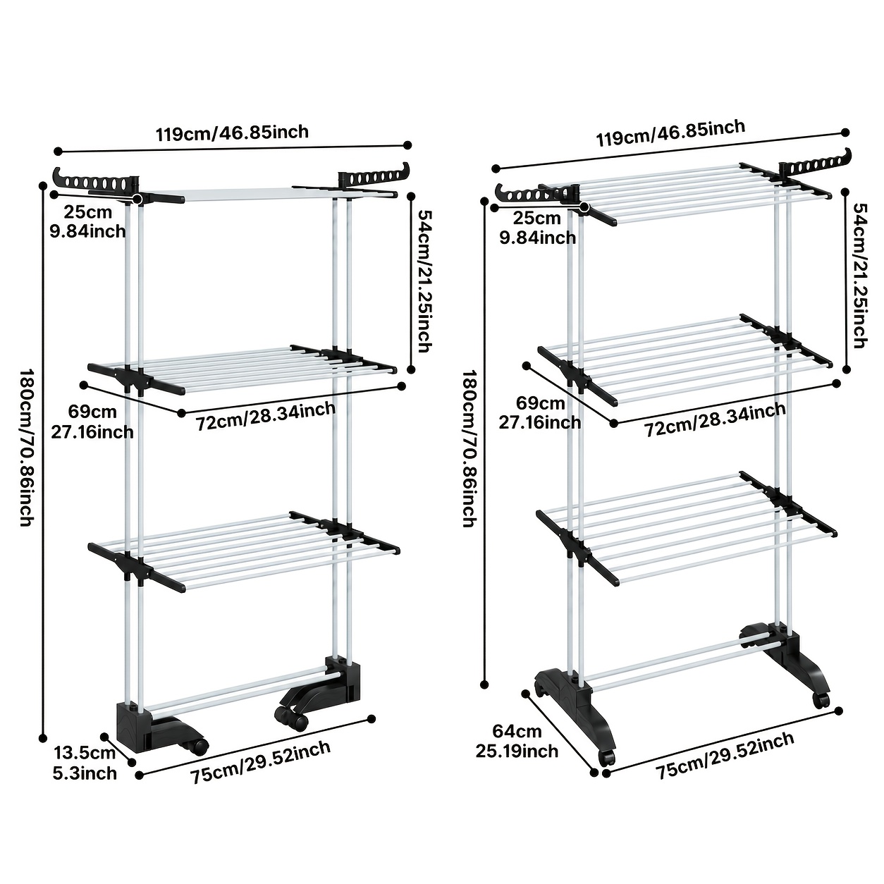 TEMU Étendoir à linge pliable 4 niveaux avec roulettes pivotantes à 360°, base rétractable encombrante, tubes robustes de 19 mm, essoreuse à linge