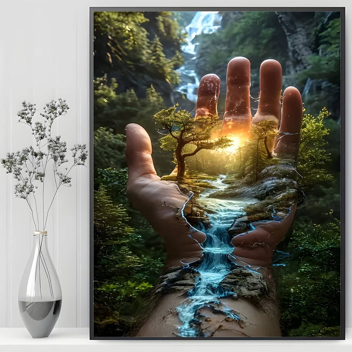 TEMU 1pc Abstract Palm Landscape Diamond Painting Diy Diamond Set, Round Acrylic Diamond, Unframed Diamond Painting Art Painting, Diy 5d Diamond