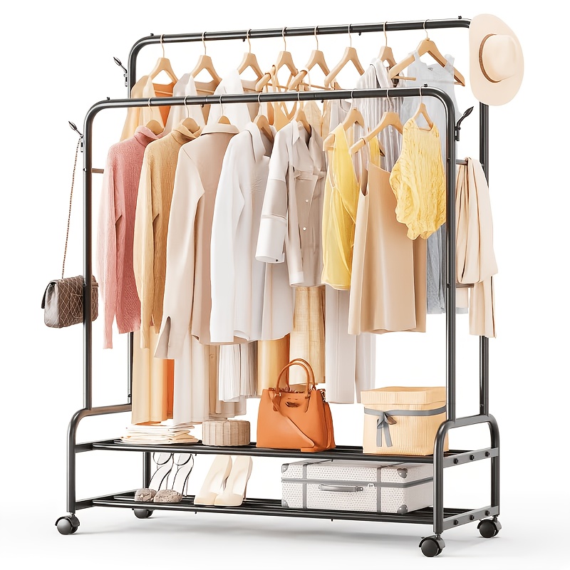 Durable Metal Hanger With Double Poles And Wheels, Equipped With Shelves And Hooks, A Multifunctional Wardrobe Solution Suitable For Independent Metal Hangers In Bedrooms, Laundry Rooms, And Living Rooms.
