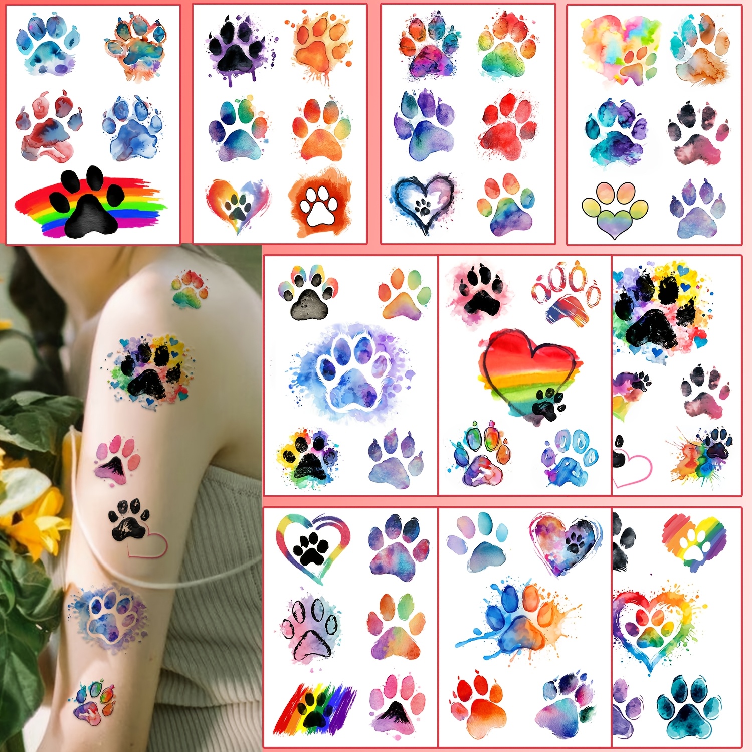 50+ Designs Watercolor Paw Temporary Tattoos, & Heart Body Stickers, Themed Tattoo Stickers For Adults, Ideal Party Favors, Gifts & Daily Accessories