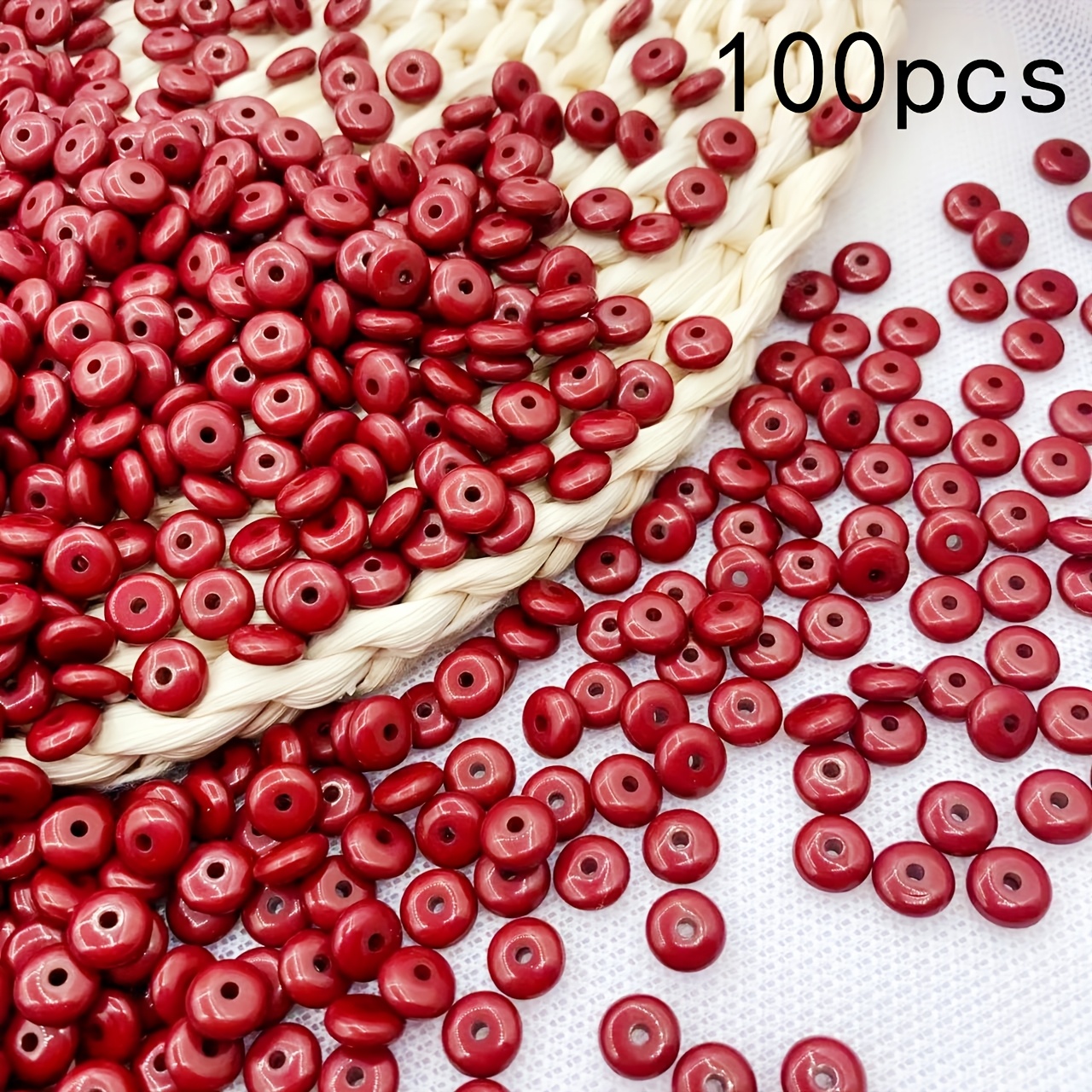 100pcs 8*3.5mm Diy Bohemian Fashion Dark Red Pattern Round Beads For Jewelry Bracelets, Necklaces, Earrings Making