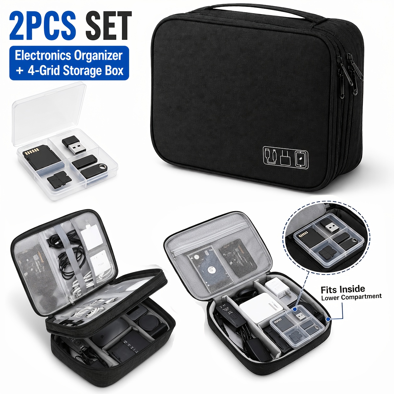 TEMU Ensemble de 2 sacs organisateurs techniques avec mini boîte de rangement à 4 compartiments, étui portable pour accessoires électroniques avec