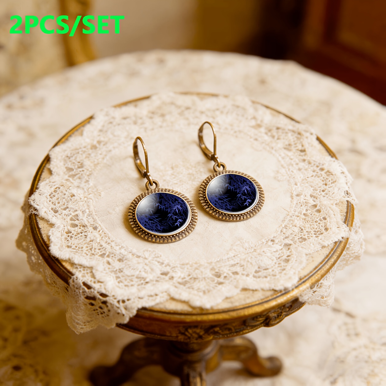 2pc Blue Bamboo Leaf Pendant Earrings Set