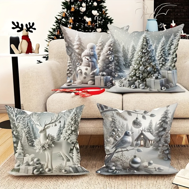 

4pcs, Winter Christmas Bird Snowman Deer Christmas Tree Silvery Pillowcase, , Machine Washable, Unique Holiday Pattern, Zipper Opening, Suitable For Living Room Sofa Decoration, Without Filling