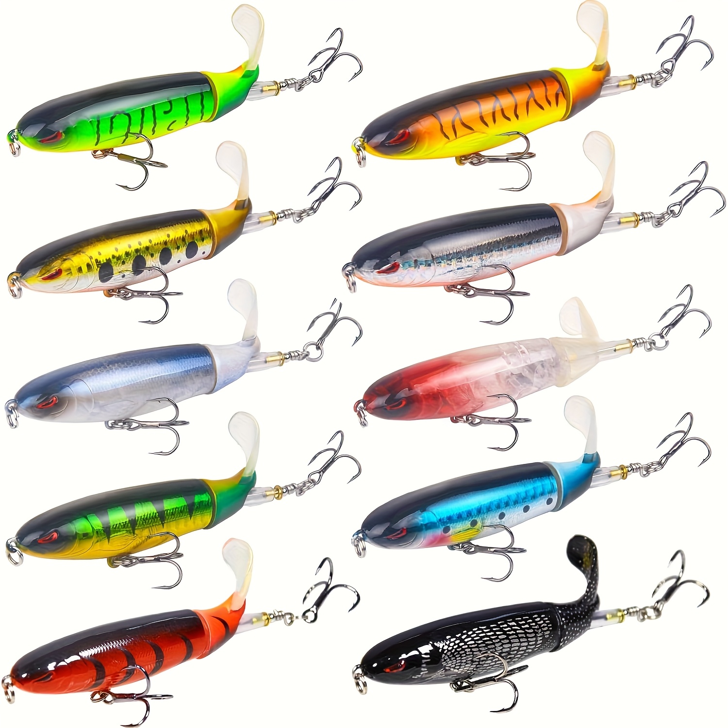 TEMU 10pcs Fishing Lure For Popper Top Water Fishing Lures With Floating Rotating Tail Treble Hooks In Plopping Lures Kit