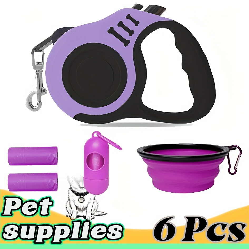 A 6pcs Pet Travel Kit Including a Pet Cleaning Set, a 5M/16.4Ft Retractable Dog Leash for Easy Control, a Dog Waste Collection Kit, Poop Bags, a Dispenser, And a Convenient Dog Bowl, Suitable for Outdoor Walks, Travel, And Hiking