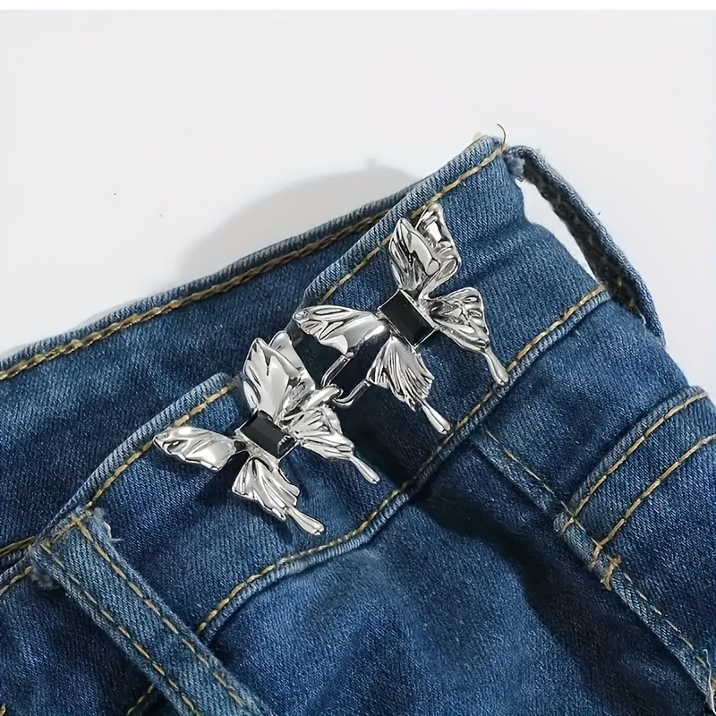 Chic Butterfly Waist Cincher Clips - No-Sew, Detachable Metal Buttons for Jeans & Pants, Silvery/Black