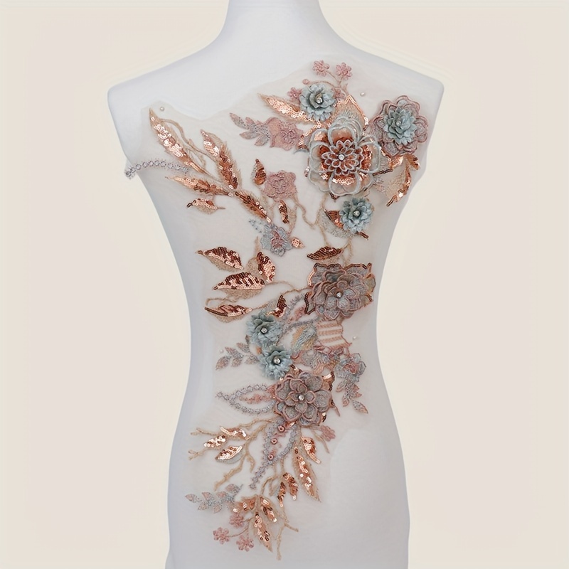 TEMU Large Luxe 3d Sequin & Rhinestone Embroidery Appliqué - Easy-sew Flower Patches Suitable For Dresses, Wedding Gowns, Dance Costumes, Blouses,