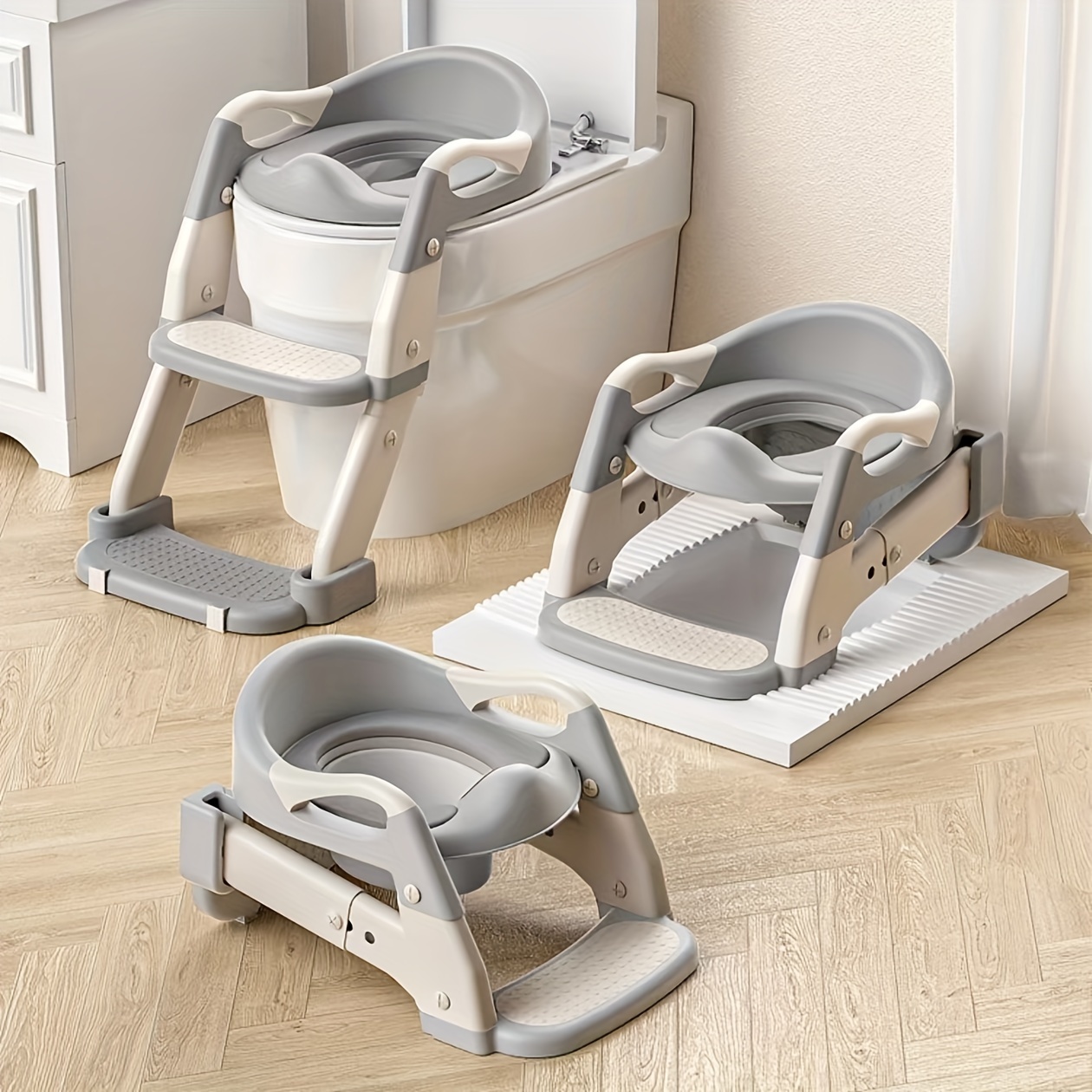 

3-in-1 Multifunctional Toilet Training Seat, Foldable Step Stool Potty Trainer, Gray Plastic, Toilet Training, Potty Ring