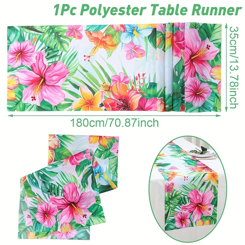 TEMU 1pc Hawaii Tropical Floral Polyester Table Runner - 180x35cm Vibrant Hibiscus & Palm Leaf Design, Birthday, Baby Shower, Wedding, And Summer Party Decorations, Hawaiian Party Decorations
