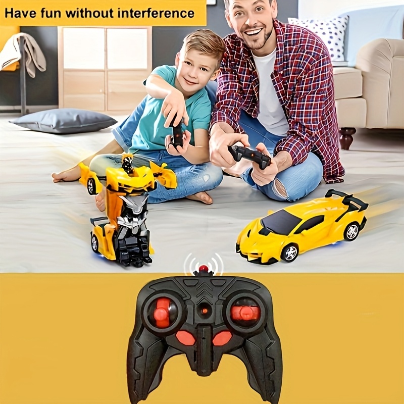 1:18 Scale Yellow Robot Transforming Remote Control Car for Youngsters - 360° Rotating LED Lights, 14KM/H, Rechargeable Lithium Battery (800mAh*2), USB Charging, Flashing Taillights & Headlights, Futuristic Design - Perfect Christmas or Birthday Gift, Fun Outdoor Play | Sleek Aerodynamic Design | Rechargeable Toy, SHOLLAR