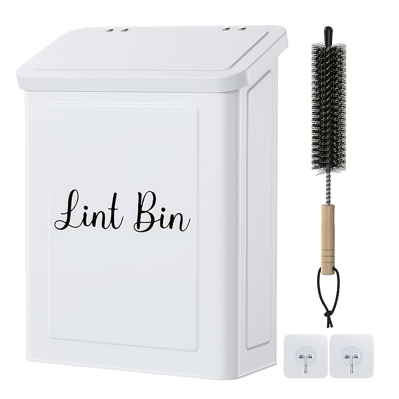 TEMU Magnetic Lint Bin For Laundry Room, Wall Mounted Metal Lint Box With Lid, Dryer Lint Basket, White Laundry Room Organizer Trash Can, Includes 4