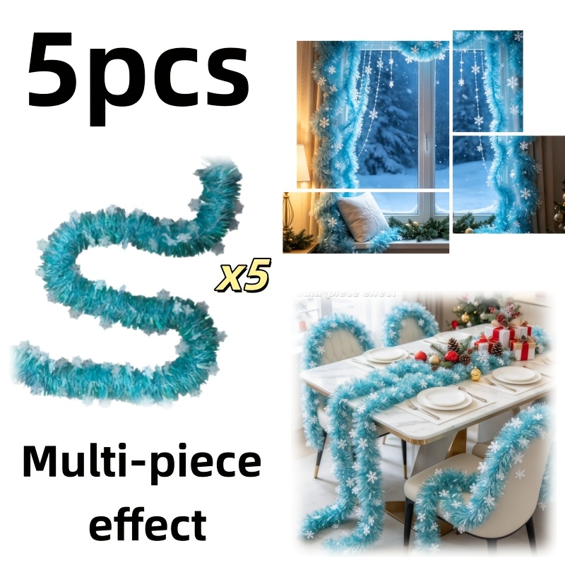 TEMU 5pcs Light Lake Blue With White Snowflake Patches Christmas Ribbons, Fluffy And Metallic , Wrapped On Tables, Fireplaces, Door Frames, Stair