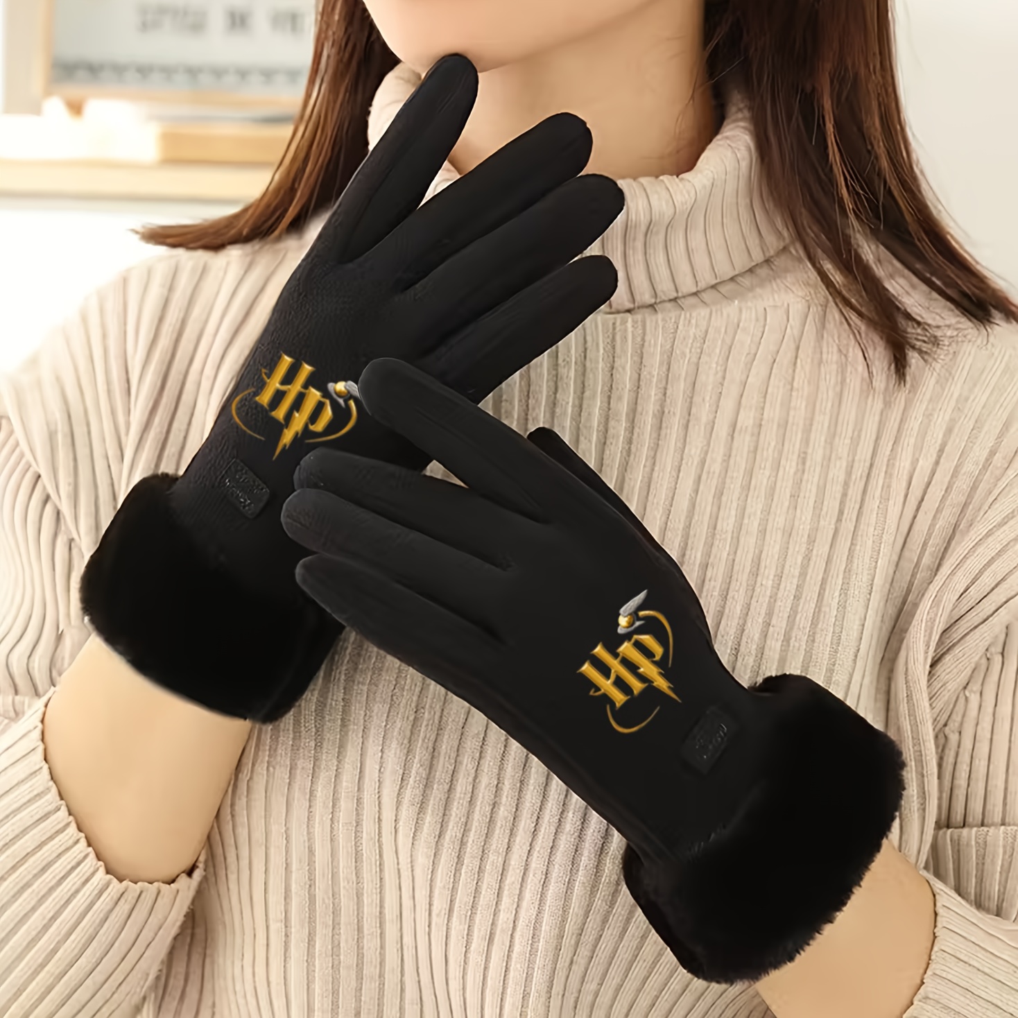 TEMU 1 Pair Wb Harry Potter Winter Touchscreen Thermal Gloves - Thick Plush Lining Hand Warmers, Unisex Durable Polyester Fiber, Suitable For Skiing,