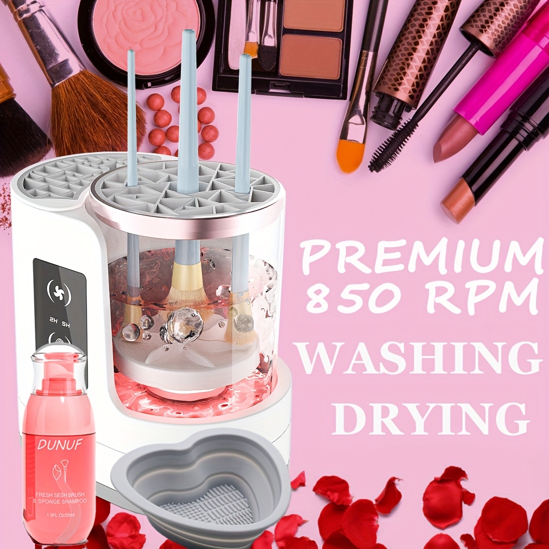 TEMU Valentine's Day 3-in-1 Electric Makeup Brush Cleaner & Dryer Automatic Deep Cleaning Machine For All Makeup Brushes, Fast Drying, With Cleaning Solution & Silicone Bowl - Perfect For Her